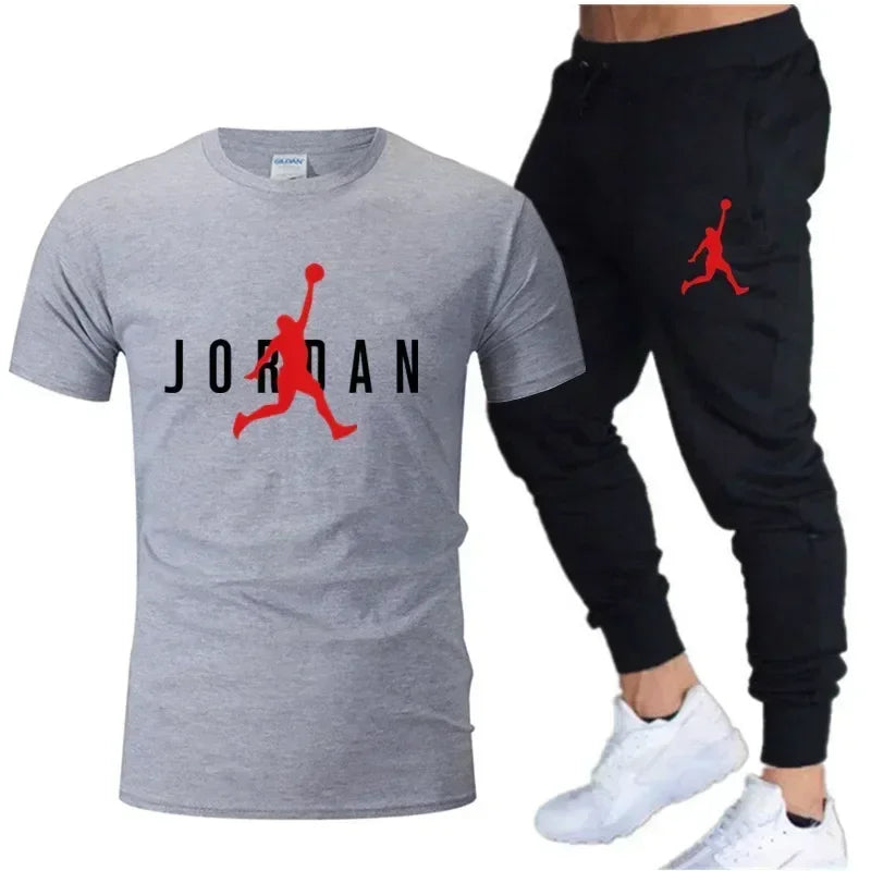 2025 Summer Men's Tracksuit Suit Brand Short Sleeve T-Shirt + Trousers 2-Piece Sets Fitness Jogging Sports Pants Sportswear Suit