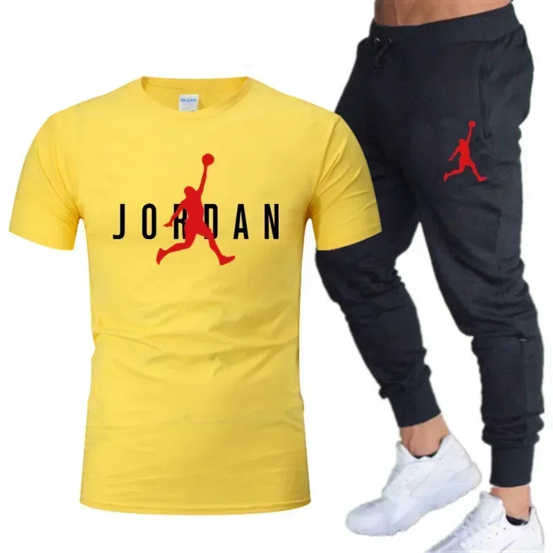 2025 Summer Men's Tracksuit Suit Brand Short Sleeve T-Shirt + Trousers 2-Piece Sets Fitness Jogging Sports Pants Sportswear Suit