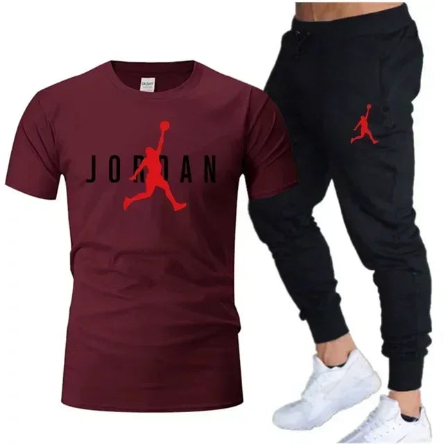 2025 Summer Men's Tracksuit Suit Brand Short Sleeve T-Shirt + Trousers 2-Piece Sets Fitness Jogging Sports Pants Sportswear Suit
