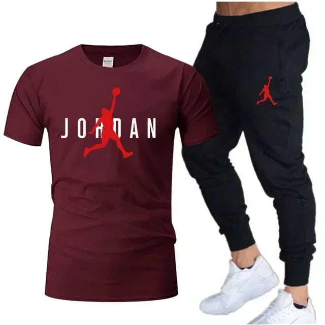 2025 Summer Men's Tracksuit Suit Brand Short Sleeve T-Shirt + Trousers 2-Piece Sets Fitness Jogging Sports Pants Sportswear Suit
