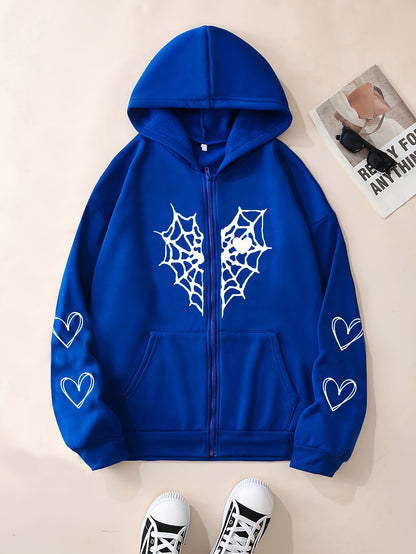 Heart-Shaped Spider Web Hoodie - Loose Fit & Comfy, Adjustable Drawstring, Zipper Detail, Pockets, Long Sleeves Sweatshirt - Fashionable Casual Wear for Women