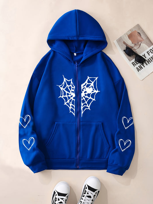 Heart-Shaped Spider Web Hoodie - Loose Fit & Comfy, Adjustable Drawstring, Zipper Detail, Pockets, Long Sleeves Sweatshirt - Fashionable Casual Wear for Women