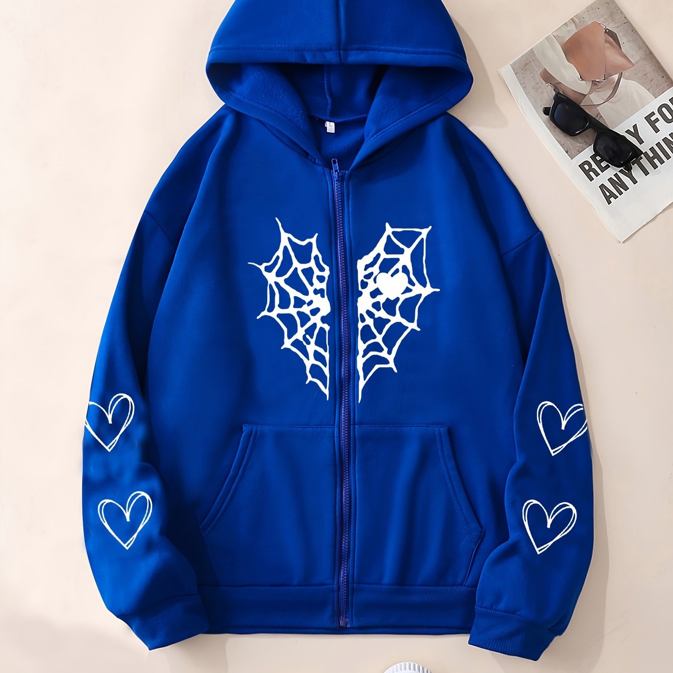 Heart-Shaped Spider Web Hoodie - Loose Fit & Comfy, Adjustable Drawstring, Zipper Detail, Pockets, Long Sleeves Sweatshirt - Fashionable Casual Wear for Women