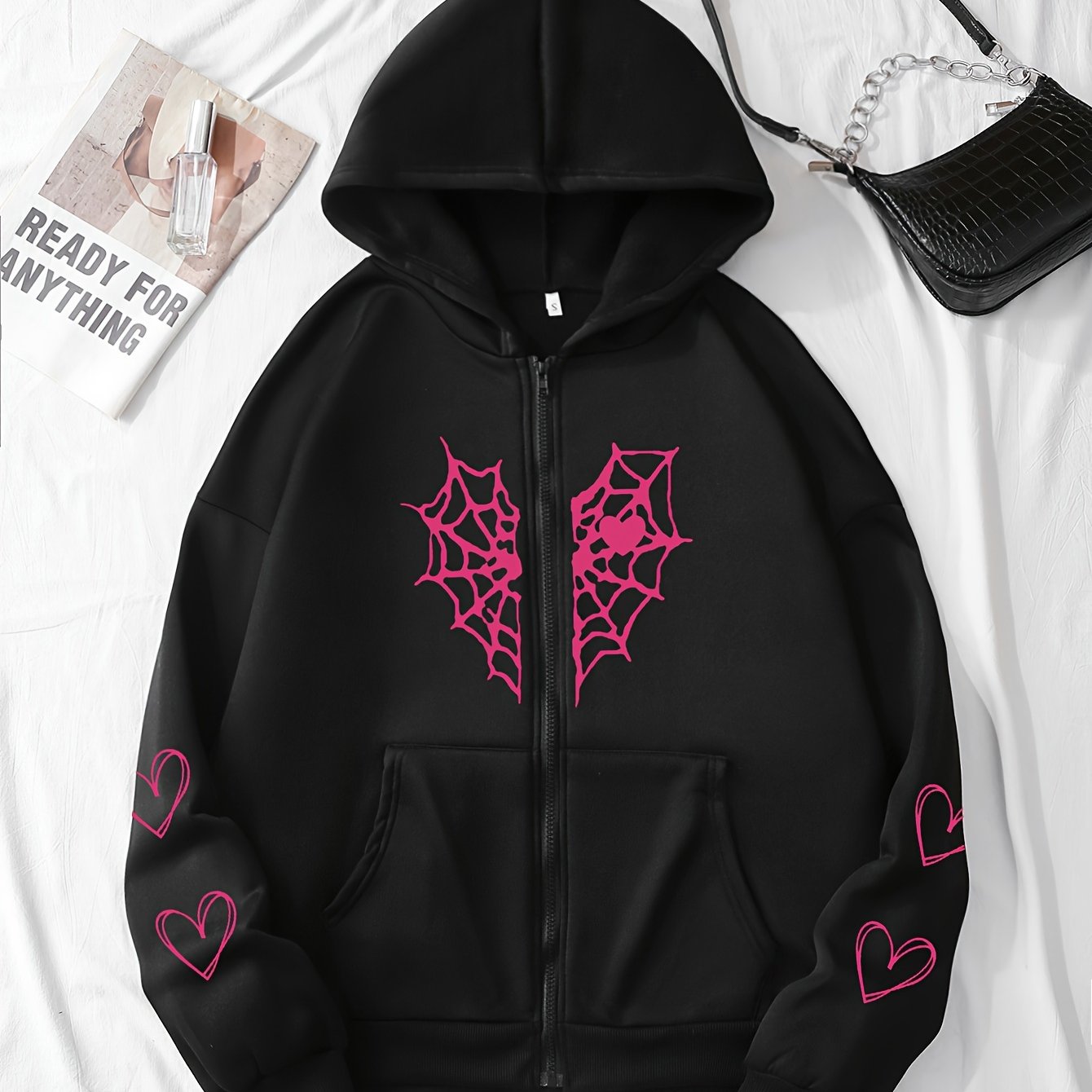 Heart-Shaped Spider Web Hoodie - Loose Fit & Comfy, Adjustable Drawstring, Zipper Detail, Pockets, Long Sleeves Sweatshirt - Fashionable Casual Wear for Women