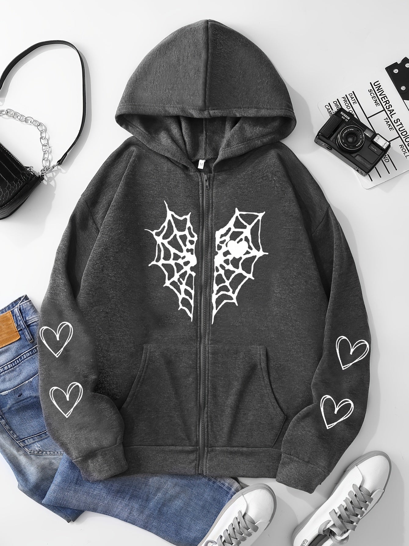 Heart-Shaped Spider Web Hoodie - Loose Fit & Comfy, Adjustable Drawstring, Zipper Detail, Pockets, Long Sleeves Sweatshirt - Fashionable Casual Wear for Women