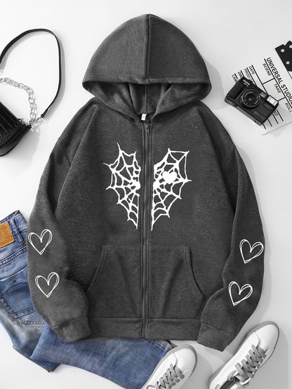 Heart-Shaped Spider Web Hoodie - Loose Fit & Comfy, Adjustable Drawstring, Zipper Detail, Pockets, Long Sleeves Sweatshirt - Fashionable Casual Wear for Women