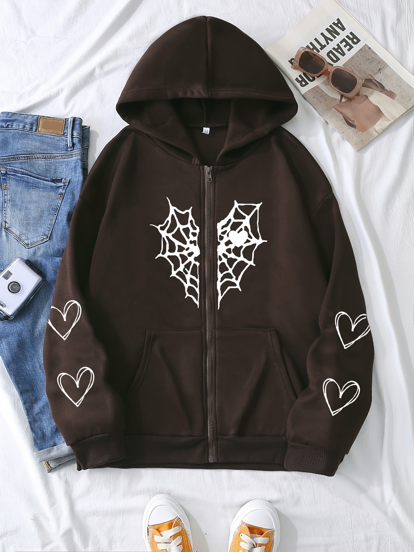 Heart-Shaped Spider Web Hoodie - Loose Fit & Comfy, Adjustable Drawstring, Zipper Detail, Pockets, Long Sleeves Sweatshirt - Fashionable Casual Wear for Women
