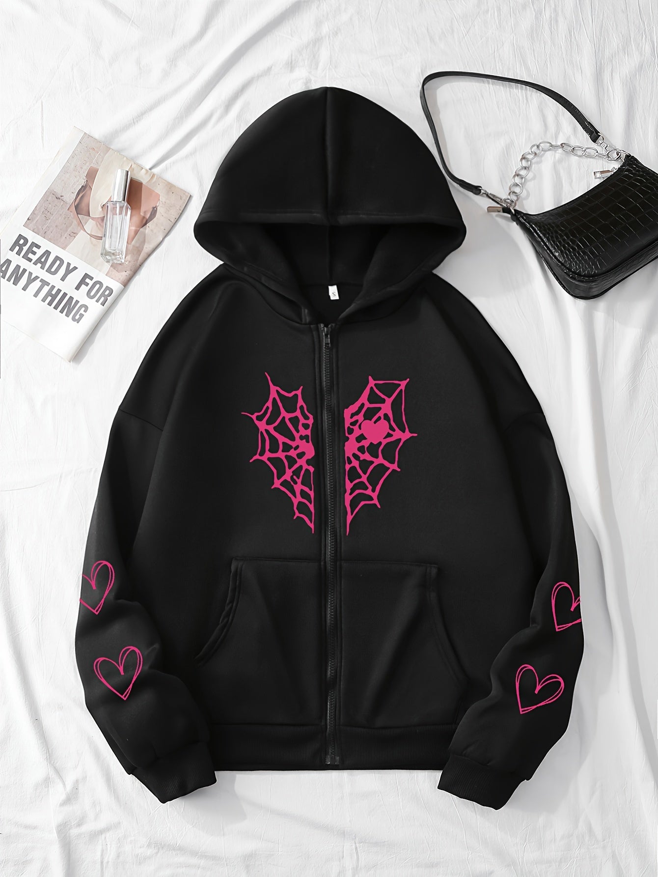 Heart-Shaped Spider Web Hoodie - Loose Fit & Comfy, Adjustable Drawstring, Zipper Detail, Pockets, Long Sleeves Sweatshirt - Fashionable Casual Wear for Women