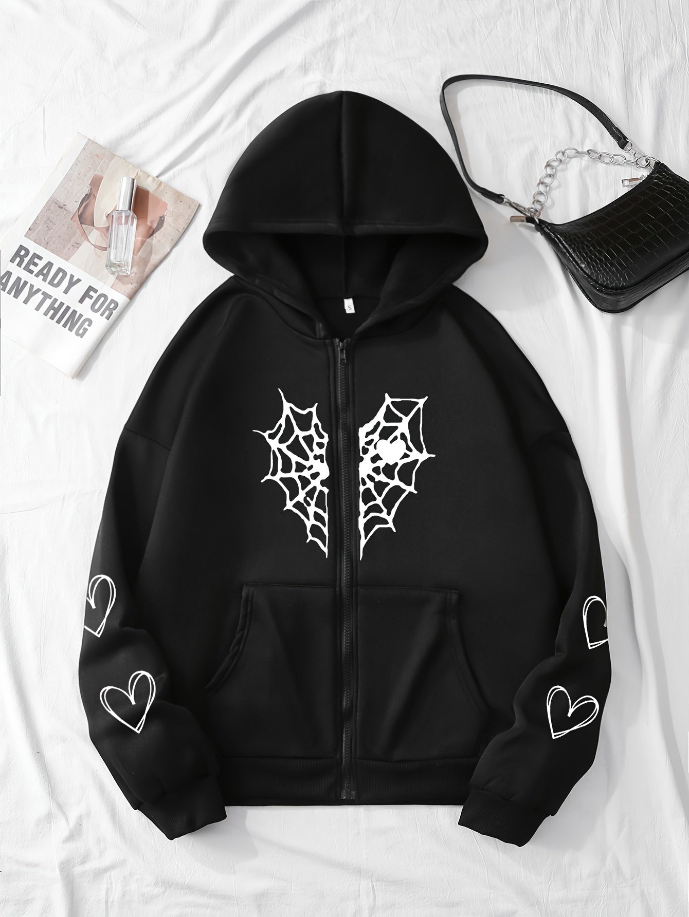 Heart-Shaped Spider Web Hoodie - Loose Fit & Comfy, Adjustable Drawstring, Zipper Detail, Pockets, Long Sleeves Sweatshirt - Fashionable Casual Wear for Women
