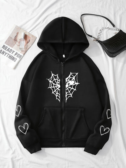 Heart-Shaped Spider Web Hoodie - Loose Fit & Comfy, Adjustable Drawstring, Zipper Detail, Pockets, Long Sleeves Sweatshirt - Fashionable Casual Wear for Women