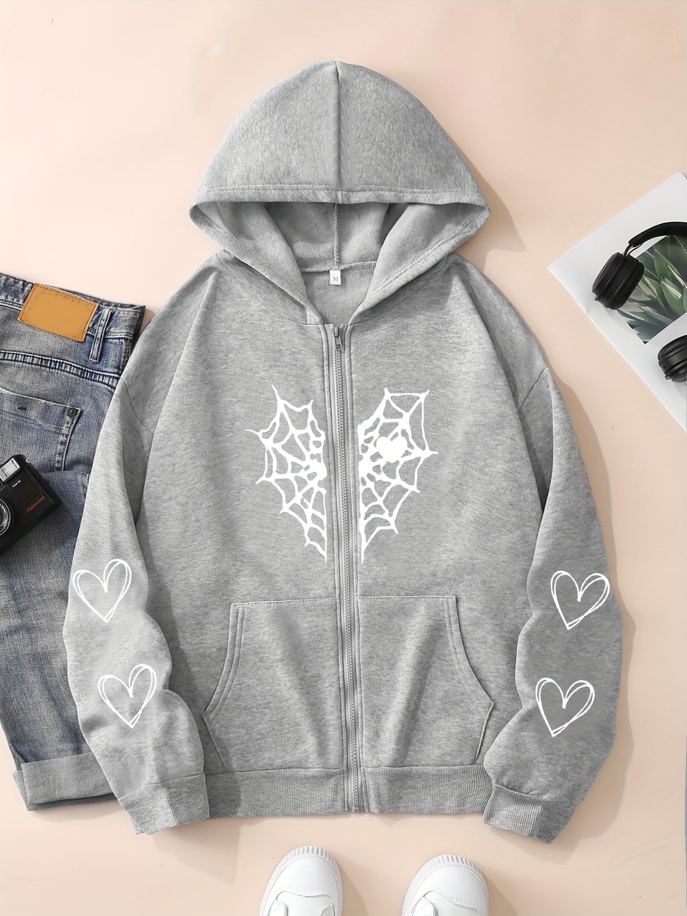 Heart-Shaped Spider Web Hoodie - Loose Fit & Comfy, Adjustable Drawstring, Zipper Detail, Pockets, Long Sleeves Sweatshirt - Fashionable Casual Wear for Women
