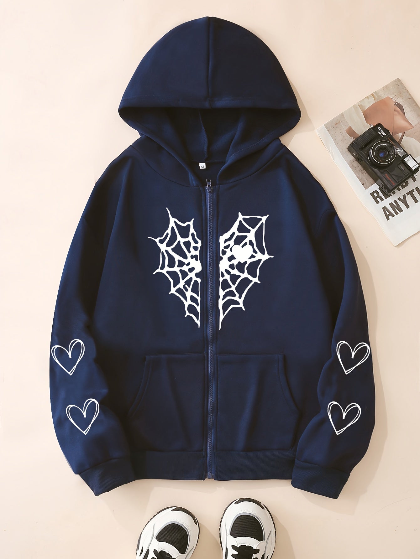 Heart-Shaped Spider Web Hoodie - Loose Fit & Comfy, Adjustable Drawstring, Zipper Detail, Pockets, Long Sleeves Sweatshirt - Fashionable Casual Wear for Women