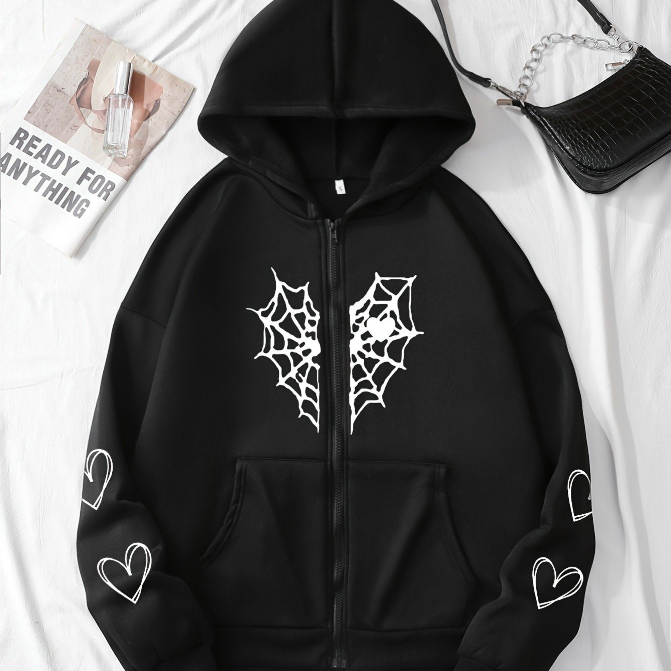Heart-Shaped Spider Web Hoodie - Loose Fit & Comfy, Adjustable Drawstring, Zipper Detail, Pockets, Long Sleeves Sweatshirt - Fashionable Casual Wear for Women
