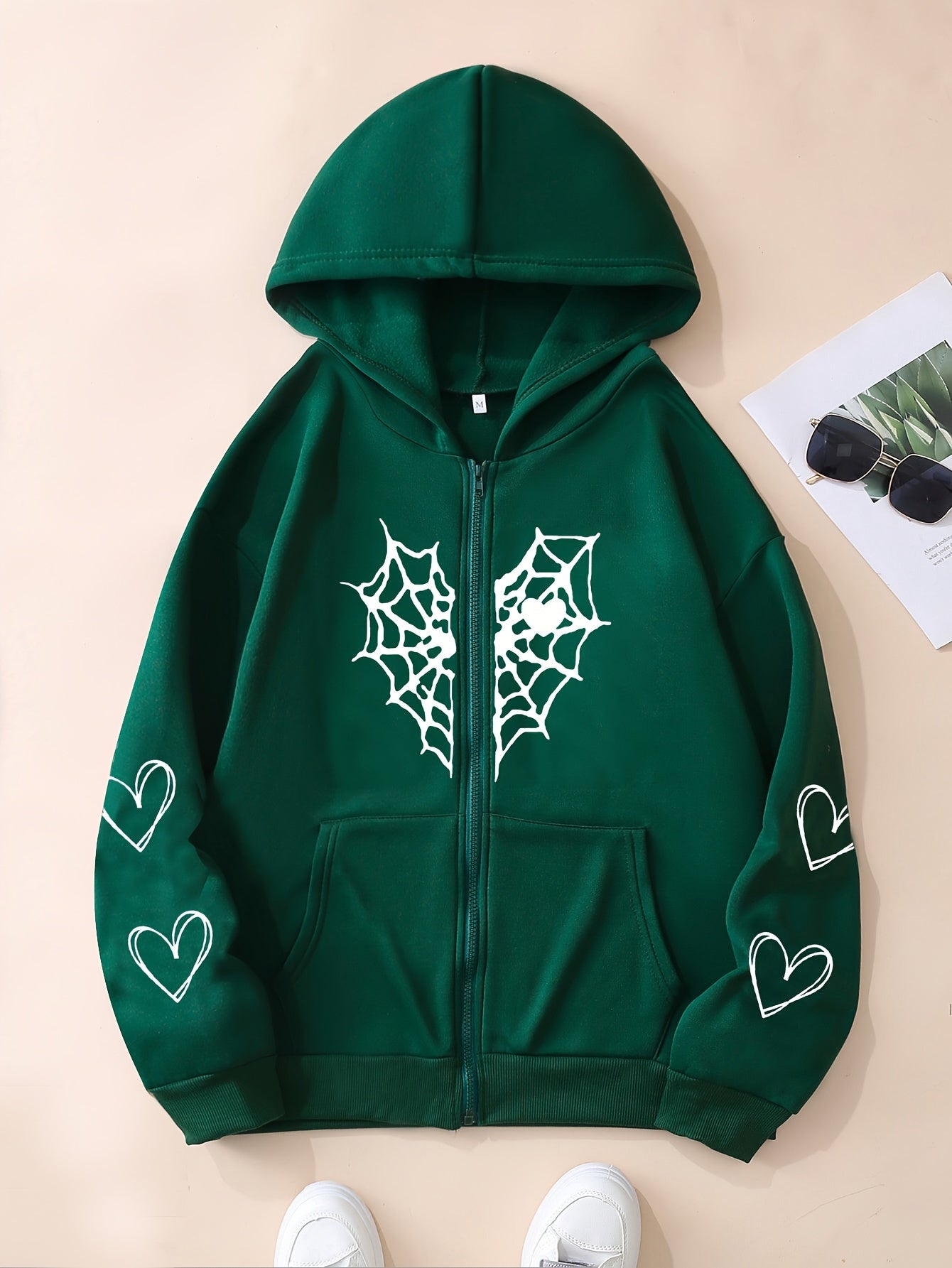 Heart-Shaped Spider Web Hoodie - Loose Fit & Comfy, Adjustable Drawstring, Zipper Detail, Pockets, Long Sleeves Sweatshirt - Fashionable Casual Wear for Women